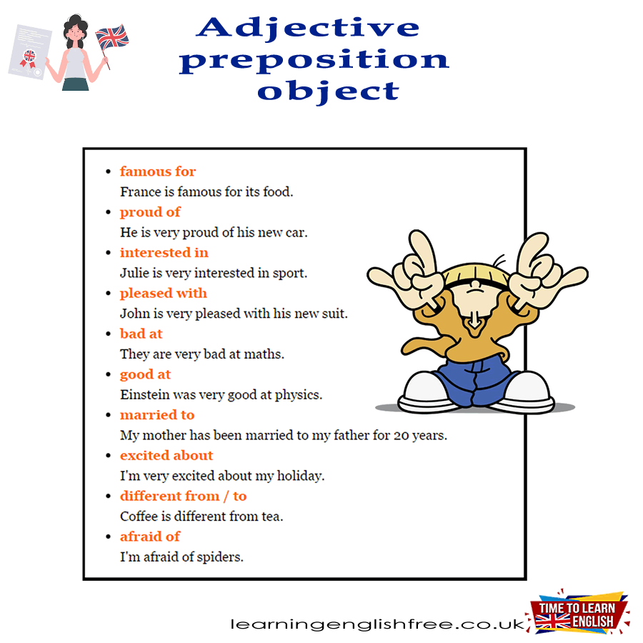 An educational guide focusing on adjective-preposition-object combinations in English, complete with examples and tips for effective language use.