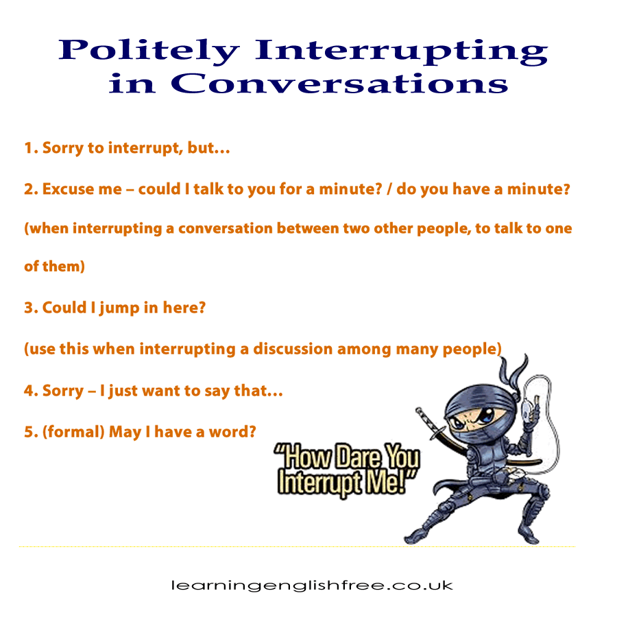 An educational graphic showcasing different phrases for polite interruptions in English, with examples of their use in various conversational scenarios.