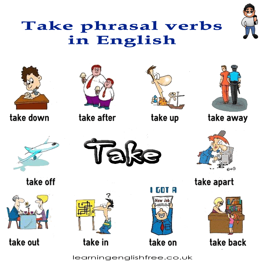 English lesson covering phrasal verbs with 'take', complete with meanings and multiple examples for each, ideal for ESL learners.
