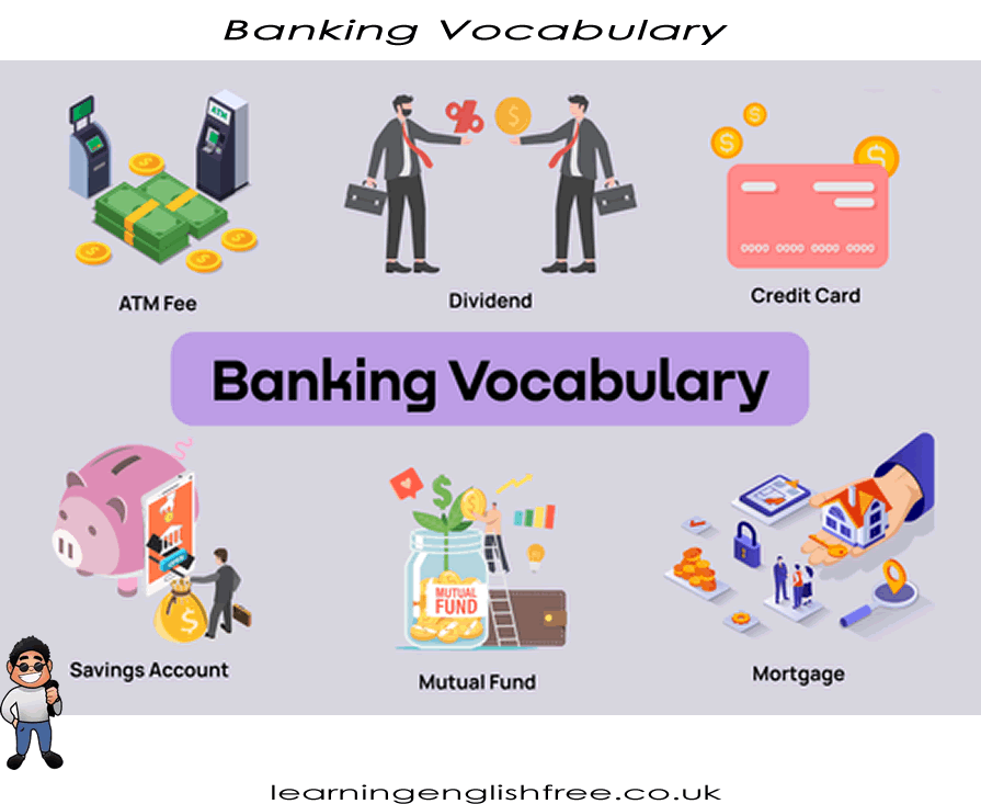 Graphic with various banking terms and their simple definitions, useful for business professionals and English learners.