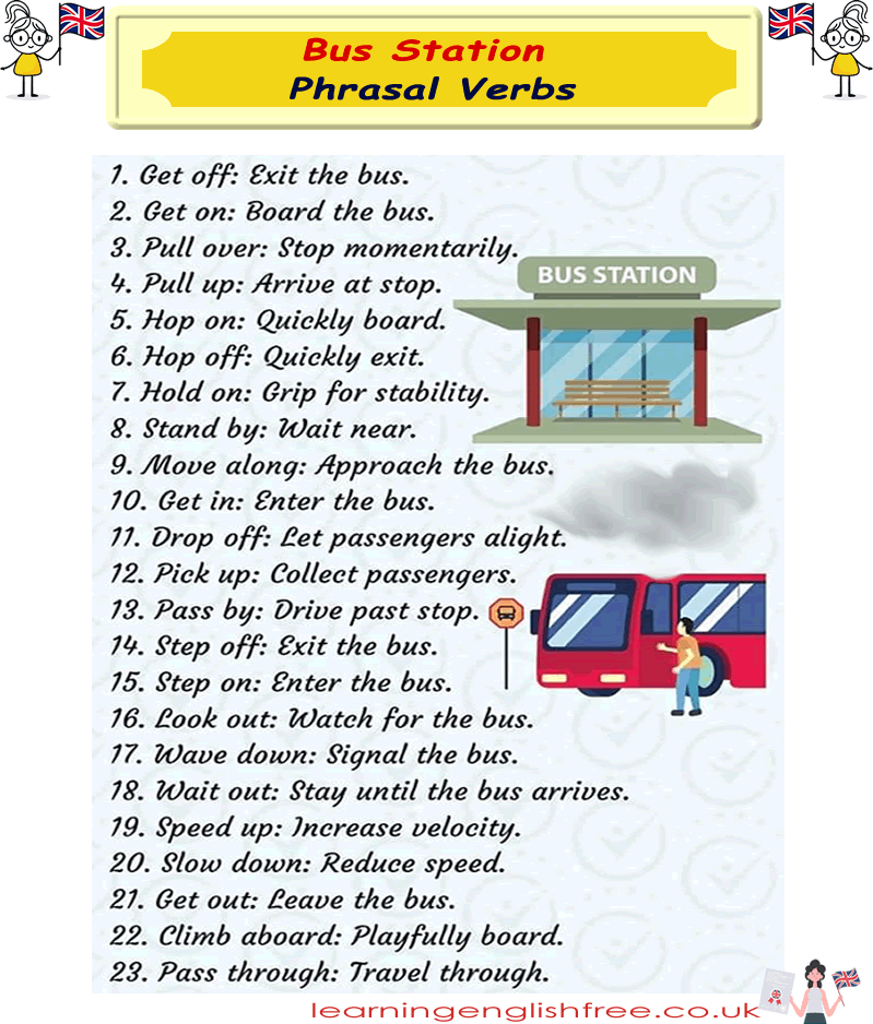 An engaging guide on bus station-related phrasal verbs for ESL learners to navigate public transportation with confidence.