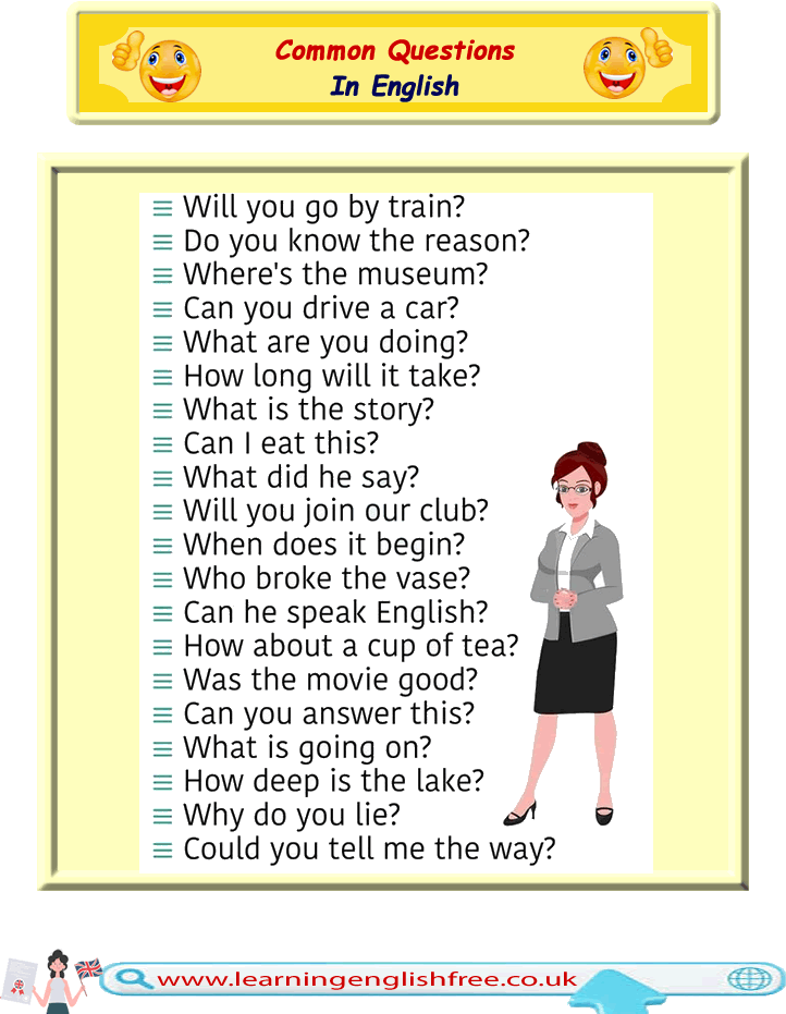 A detailed lesson on common questions in English with examples and meanings, designed to help ESL and TEFL learners improve their conversational skills.
