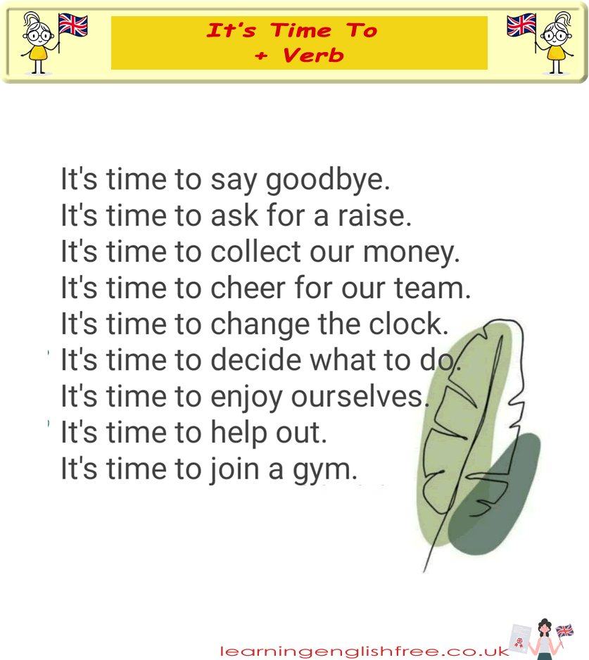 A visual and textual guide focused on teaching the expression "It's time to + verb" for ESL learners, aiming to enhance their English fluency and expression skills.