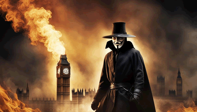 Guy Fawkes caught guarding explosives in a 17th-century cellar, marking the failure of the Gunpowder Plot.