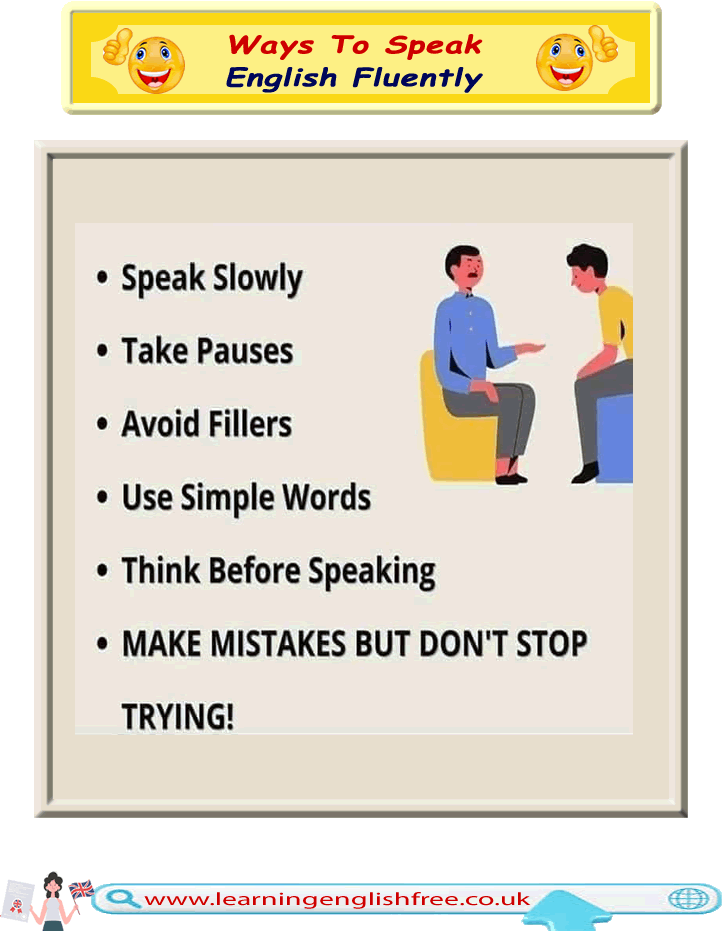 A colourful infographic detailing key strategies for speaking English fluently, including speaking slowly, taking pauses, and avoiding fillers.