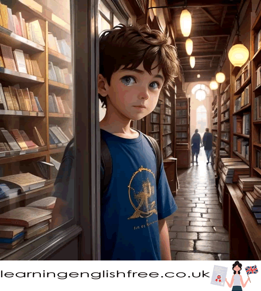 A cozy, dimly lit old bookstore filled with shelves of ancient books, a magical aura enveloping the space, inviting readers into a world of enchantment.