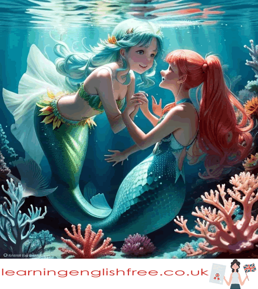 A captivating illustration of a vibrant underwater city with intricate coral palaces and mermaids swimming amongst schools of colourful fish.