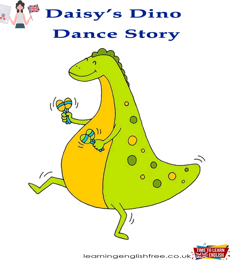 A colorful illustration of Daisy the Brontosaurus dancing joyfully among other dinosaurs in a lively jungle setting, symbolizing self-expression and confidence.