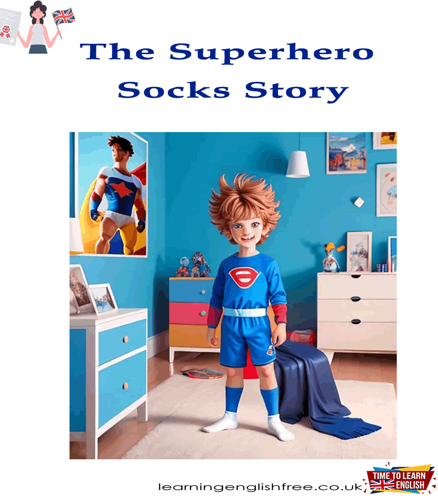 An image of Toby, as Sockman, flying heroically over Snugville in his magical, colorful socks, embodying courage and quick action.