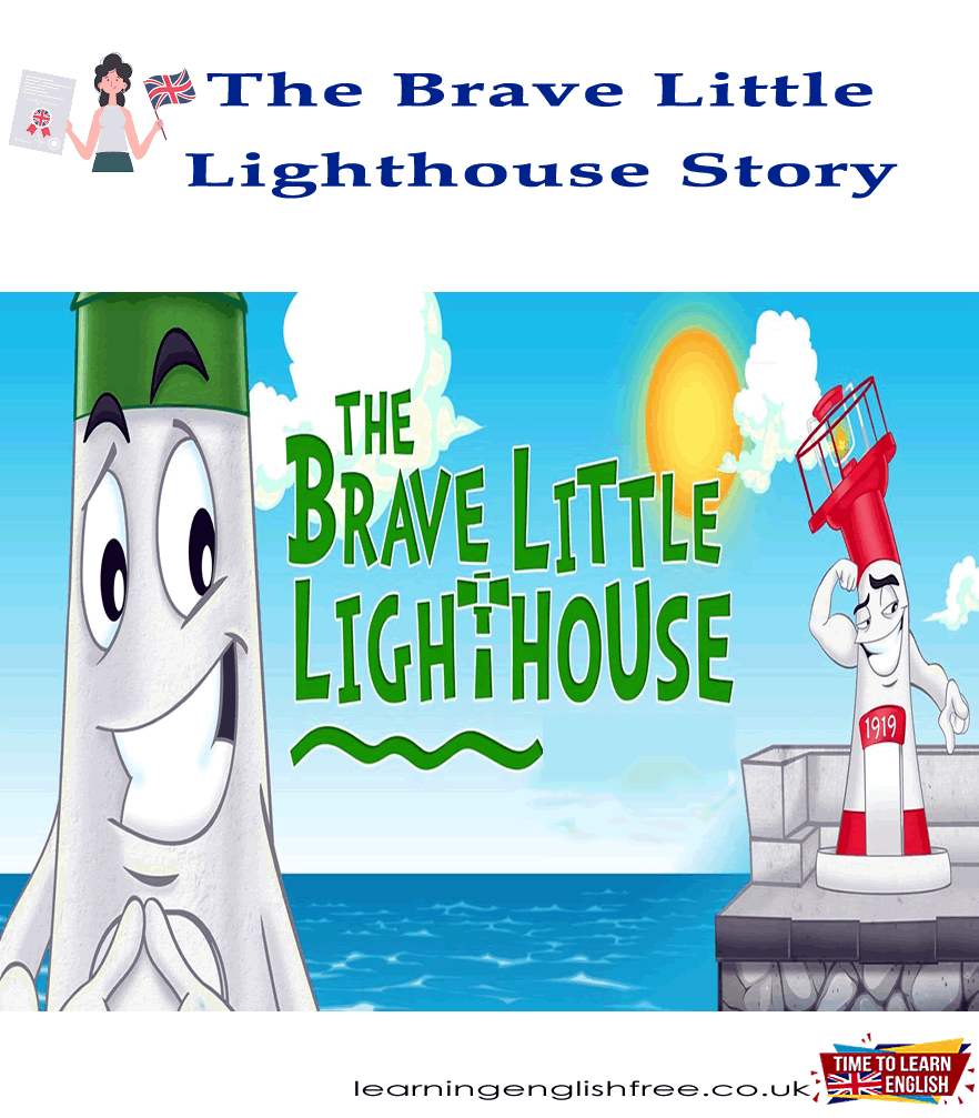 An illustration of the Littlest Lighthouse on a cliff, its light piercing through a stormy night, guiding a ship to safety.