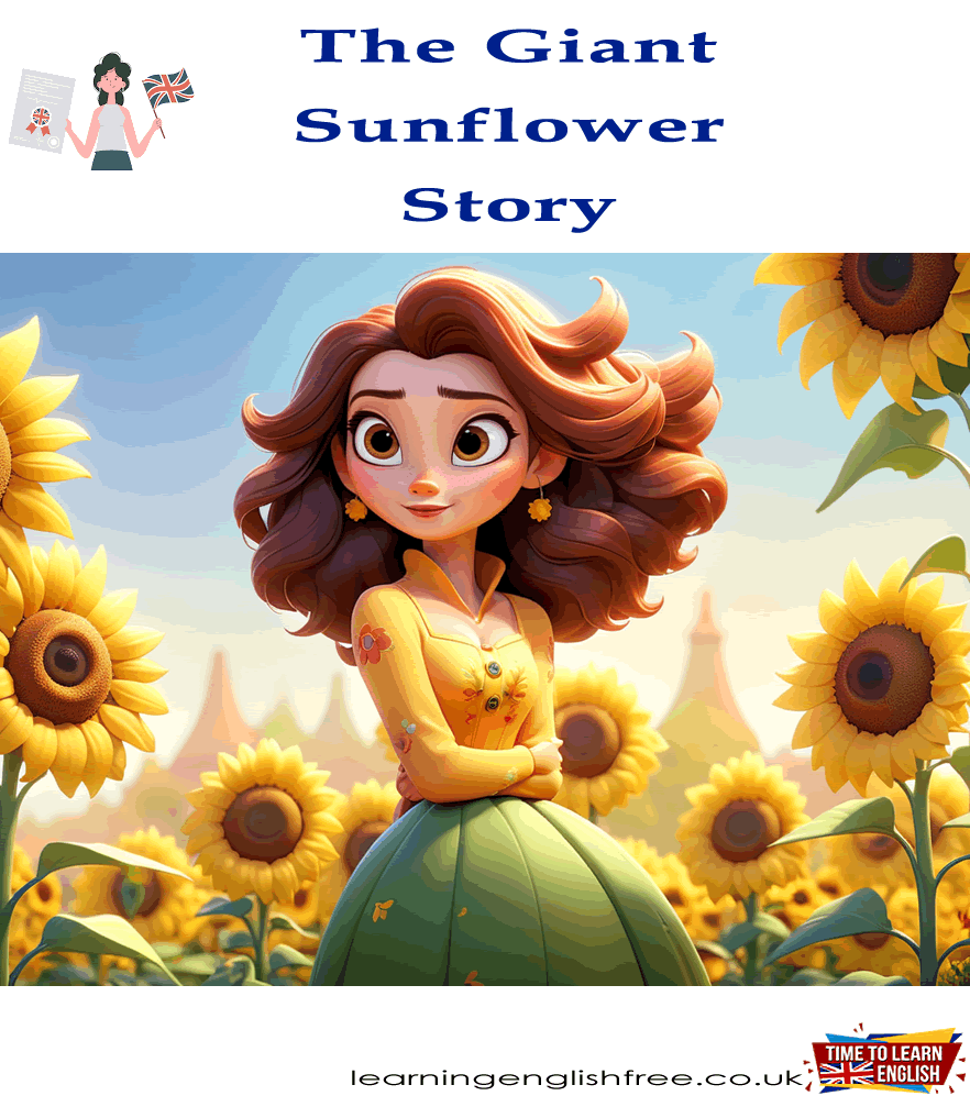 An illustration of Lily standing proudly in her garden with the gigantic sunflower towering above the house, surrounded by admiring townsfolk and wildlife.
