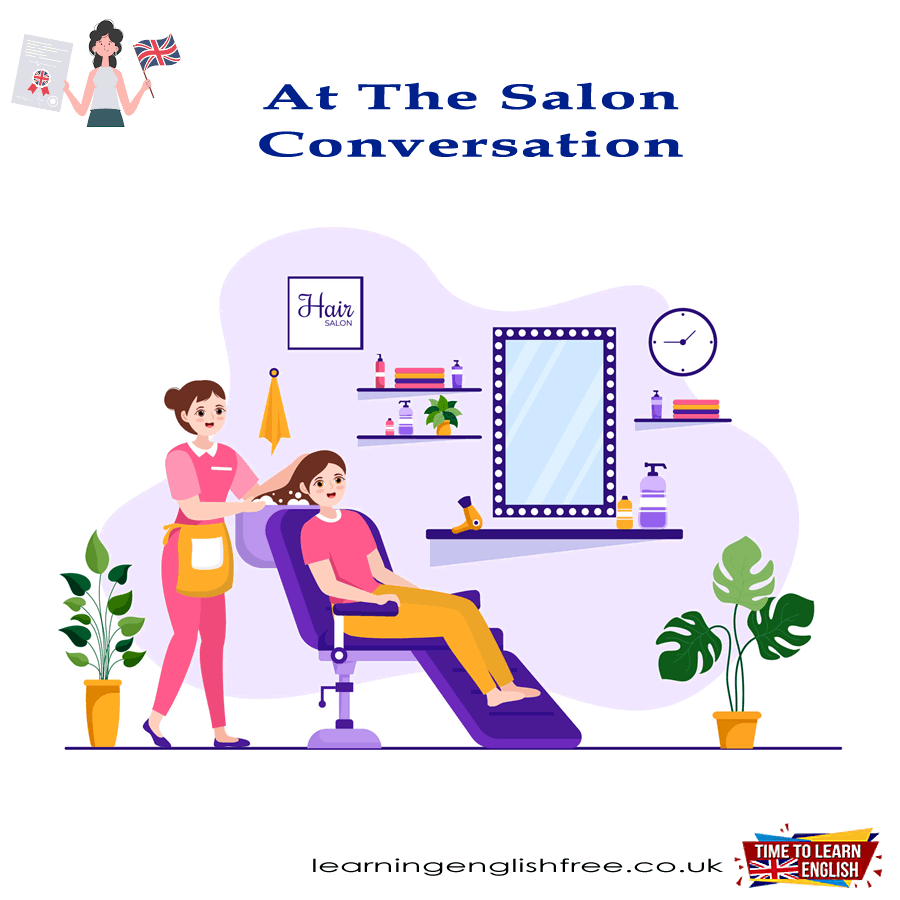 A lively illustration showing a friendly conversation between a client and a hairstylist in a hair salon, highlighting key English phrases and salon vocabulary.
