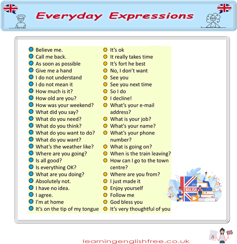 Everyday expressions with their meaning and how to use in a sentence in English