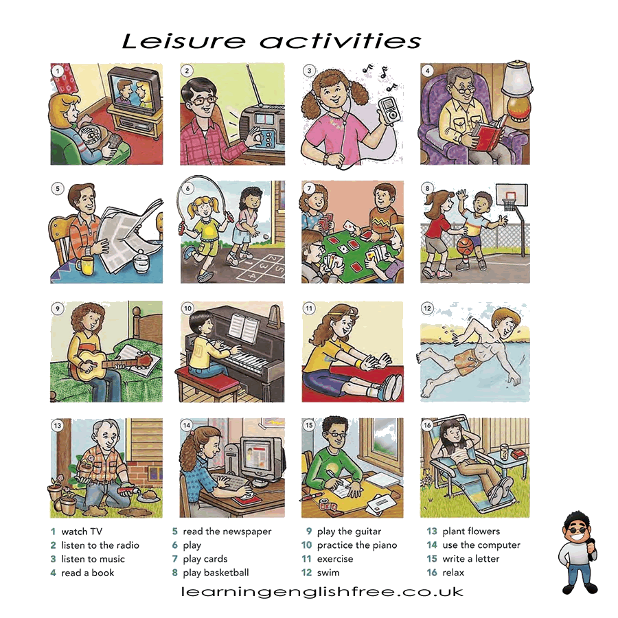 A visual guide to leisure activities, showcasing phrases like 'watch TV', 'play basketball', and 'read a book', each accompanied by simple sentences, perfect for English learners.