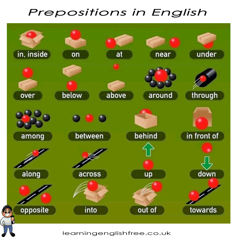 A graphic showing various prepositions like 'on', 'under', 'above', with arrows and objects to visually represent their meanings, helpful for English learners.